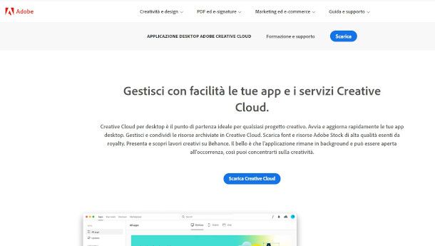 pagina di download del client Adobe Creative Cloud