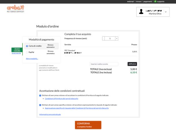 Aruba PEC pagamento carta