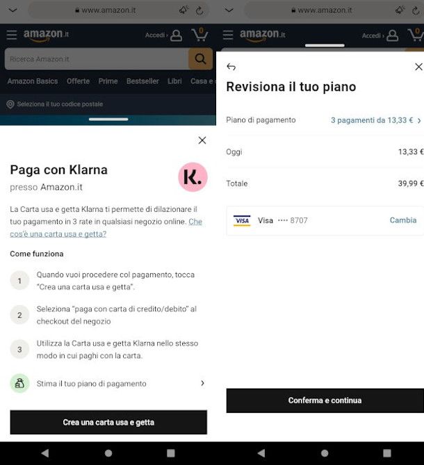 Creazione carta usa e getta da app Klarna