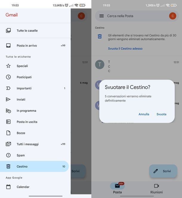 Eliminare email Cestino Gmail Android