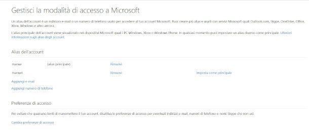 schermata di modifica alias sito Microsoft