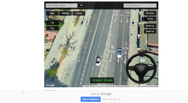 schermata simulatore per guidare la macchina su Google Maps