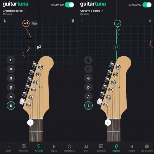 accordatura chitarra elettrica su app Guitar Tuna