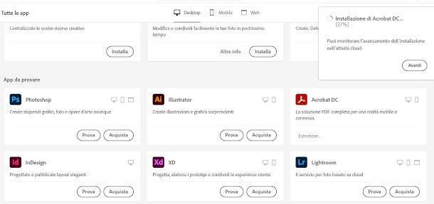 installazione Adobe Acrobat da clinet Adobe Creative Cloud