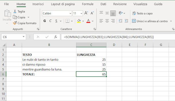 conteggio caratteri excel