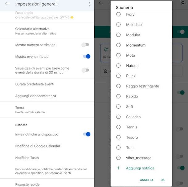 impostazioni suoneria notifica promemoria Android Google