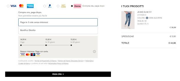 selezione metodo di pagamento Klarna da sito e-commerce