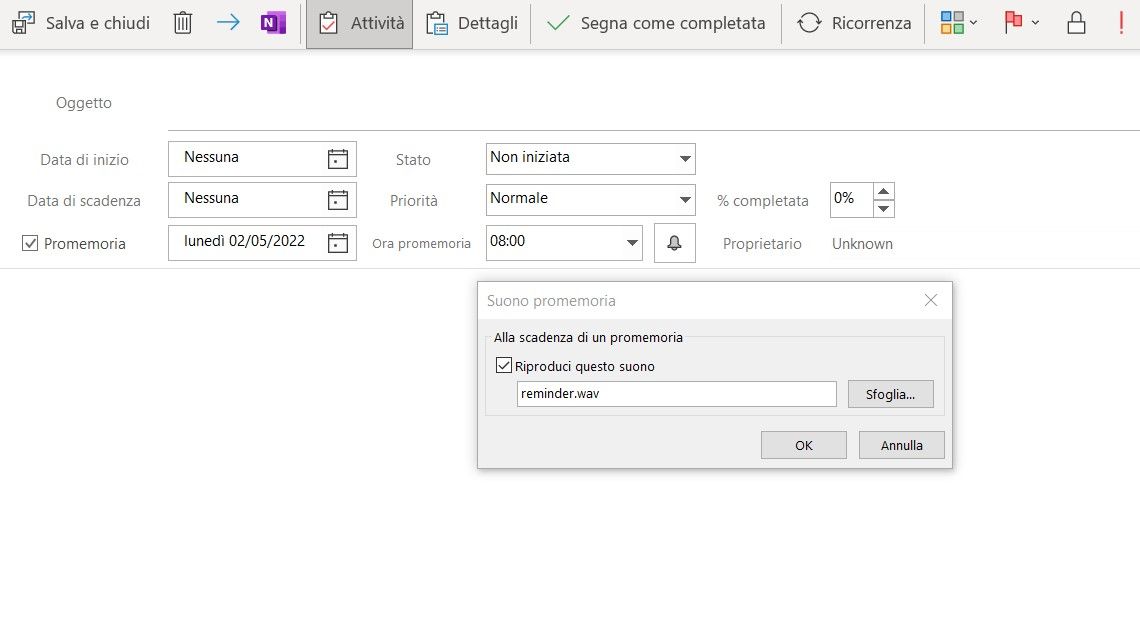 promemoria per attività Outlook PC