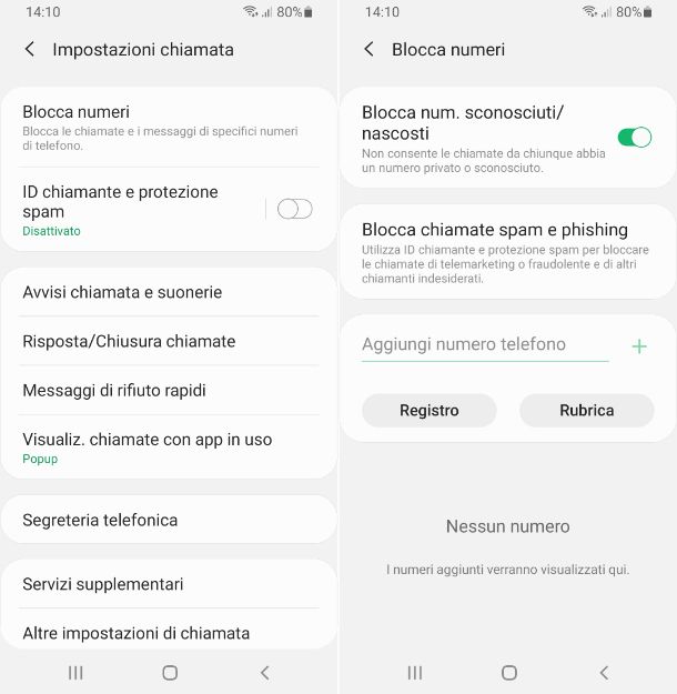 Blocco numeri sconosciuti Samsung