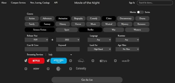 impostazione parametri di scelta sito Movie of the Night