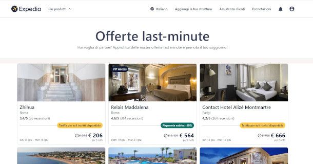 sezione viaggi last minute su expedia