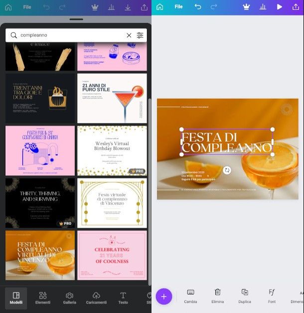 schermate app Canva per creazione invito digitiale