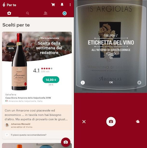 inquadrare erichetta su app Vivino