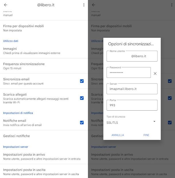 verifica impostazioni account Libero su Android