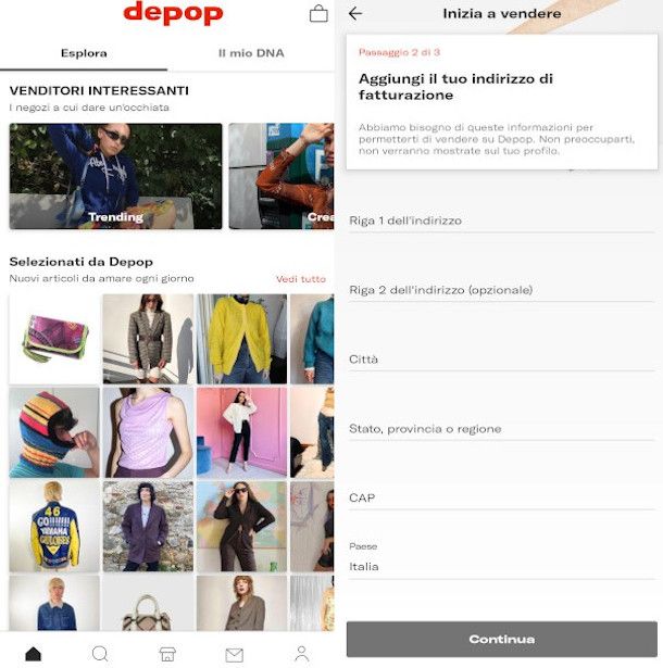 schermate app Depop