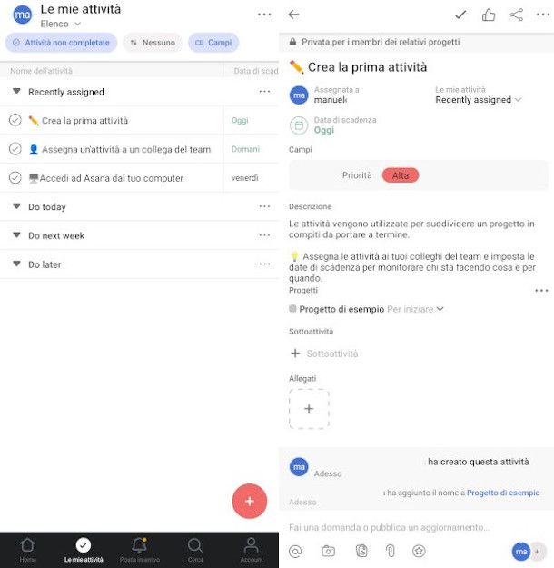 schermate app Asana