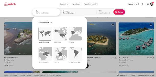 airbnb selezione destinazione da sito