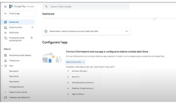 Configurazione App Google Play Console
