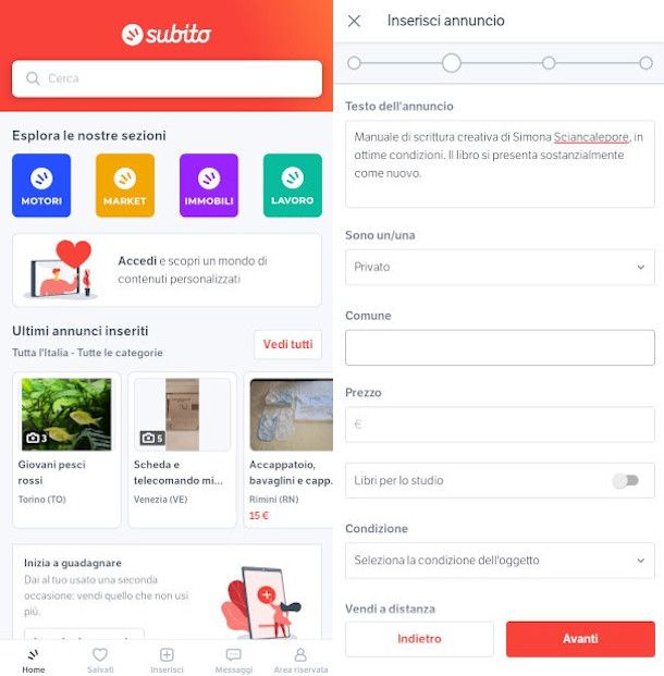 schermate inserimento annuncio app Subito