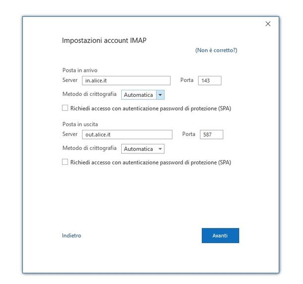 Configurazione Outlook PC Alice Mail
