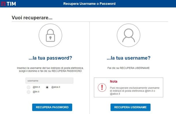 Recupero password Alice Mail