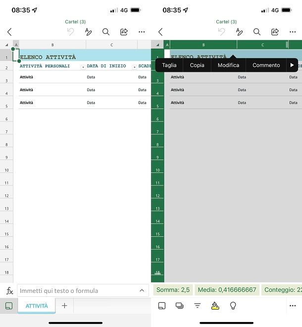 Da smartphone e tablet Excel