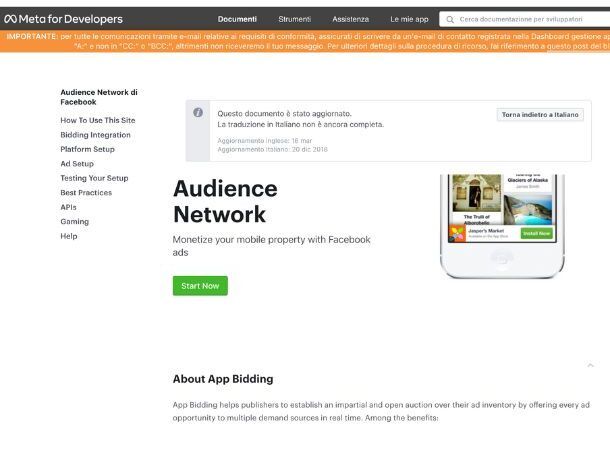 Iscrizione Facebook Audience Network