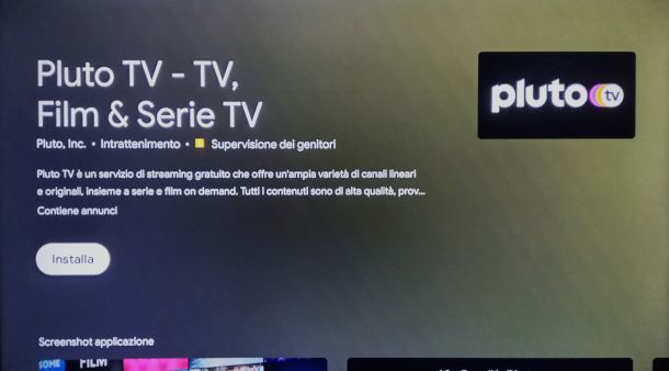 schermata di downloa di Pluto TV su smart TV Android