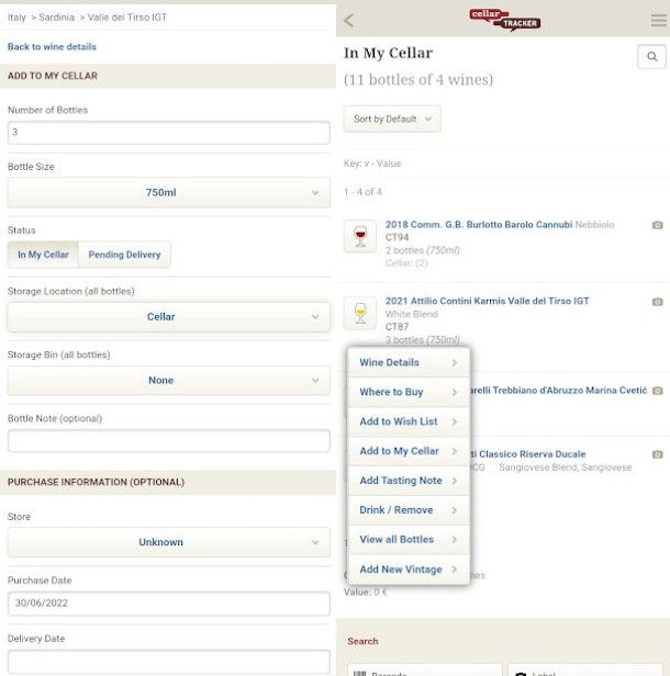 aggiunta e rimozione di vini su appCellar Tracker