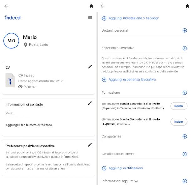 impostazione profilo app Indeed