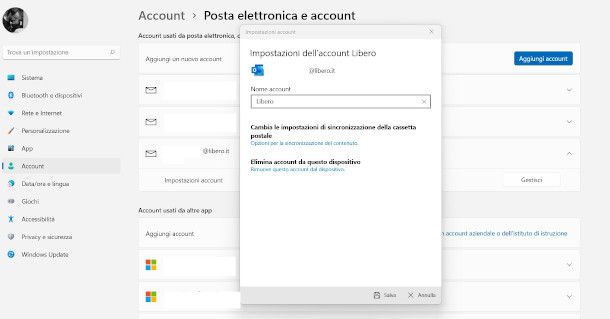 schermata impostazioni di posta elettronica Windows