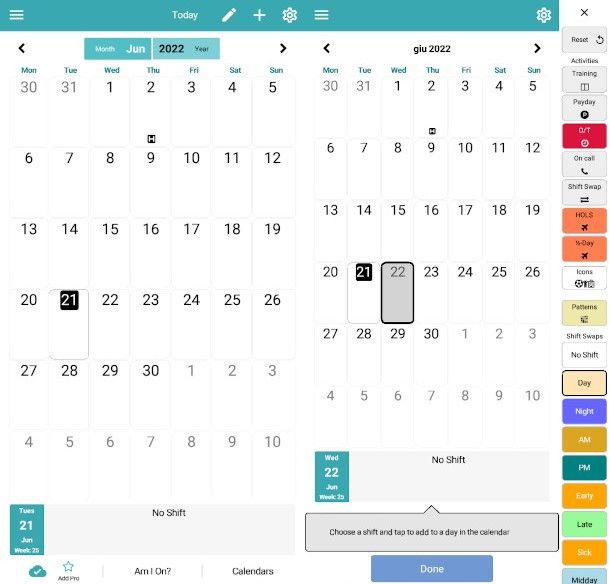 schermate calendario app My Shift Planner