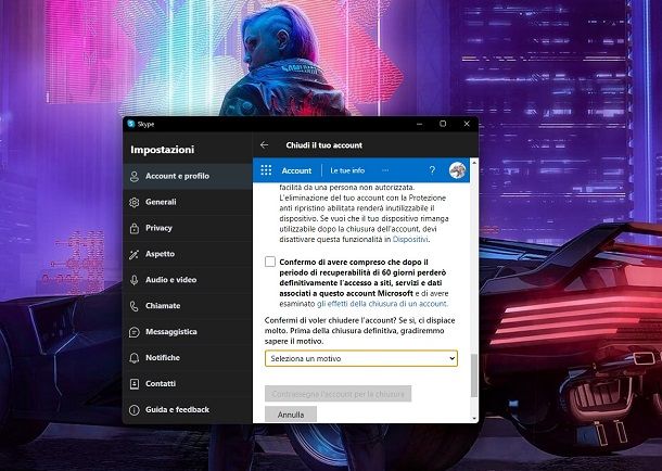 Cancellare account Skype da Windows