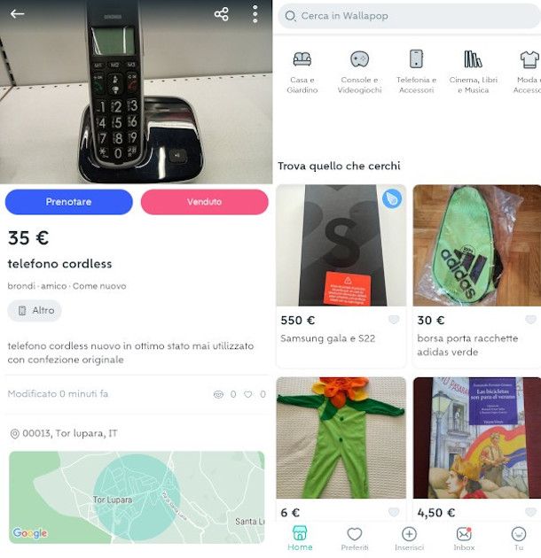 pubblicazione annuncio e schermata principale app Wallapop