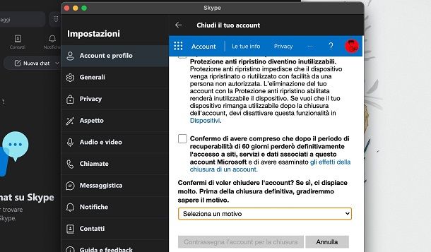 Cancellare account Skype da Mac