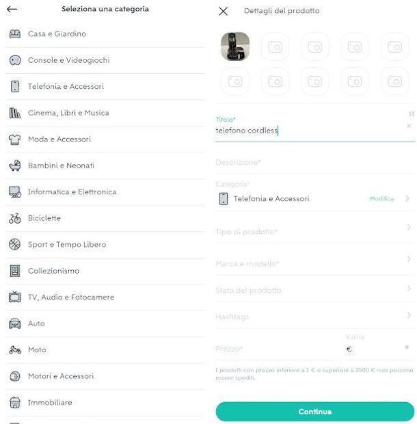 inserimento annuncio vendita su app Wallapop