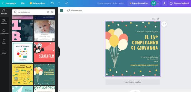 canva interfaccia di editing invito digitale