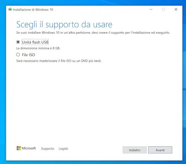 Creare supporto USB Windows 10