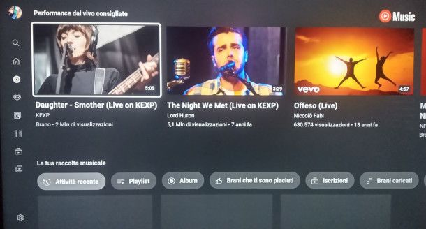 interfaccia YouTube Music su Android TV