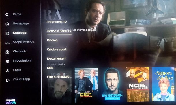 interfaccia app Mediaset Infinity per Fire TV