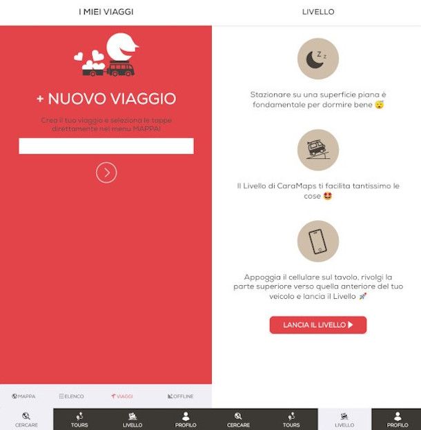 impostazione nuovo viaggio e livella su app caramaps