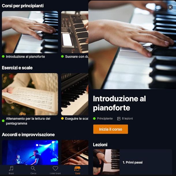 schermate per la selezione del corso app flowkey