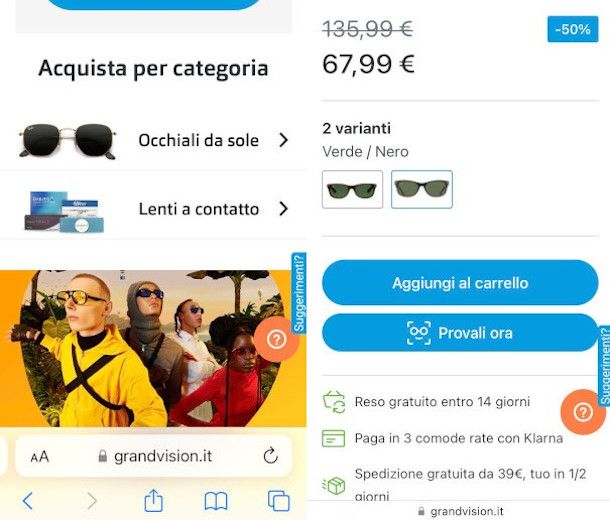 funzione per provare occhiali sito Grand Vision