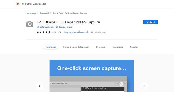 schermata estensione GoFullPage su Chrome Web Store