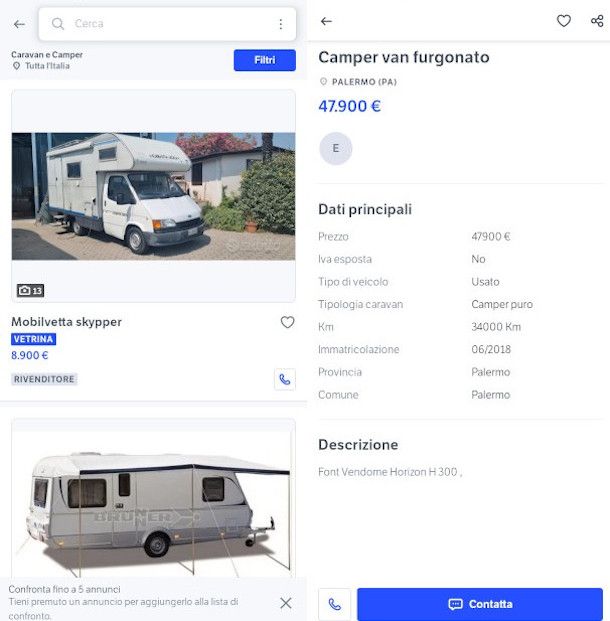 consultazione annuncio camper app subito