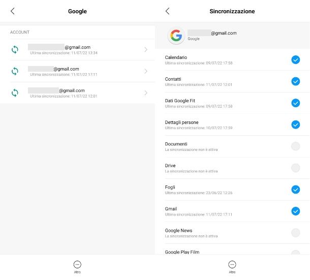 Sincronizzazione dati Google