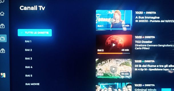 selezione canali su app RaiPlay per Fire TV