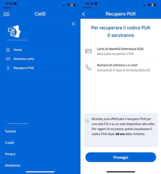Recupero PUK CIE dall'app