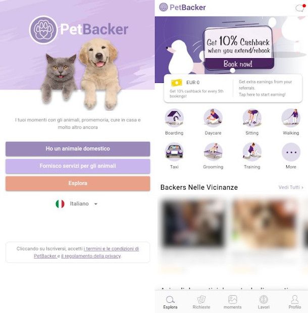 schermate principali app Petbaker