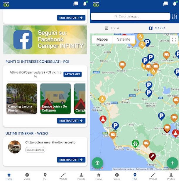 schermata principale app Camper Infinity